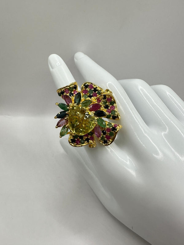 Anillo XL Citrina Limon con zafiro, rubies, esmeralda Plata cona baño de oro Ribbons