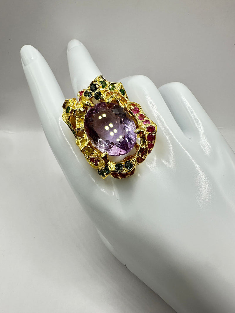 Anillo amatista XL con Turmalinas y Tsavoritas Plata con Baño