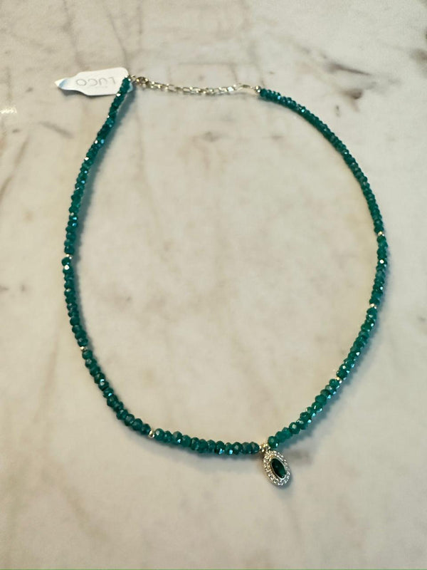 Choker Onyx Verde con Dije ovalo Verde de plata & Zircones