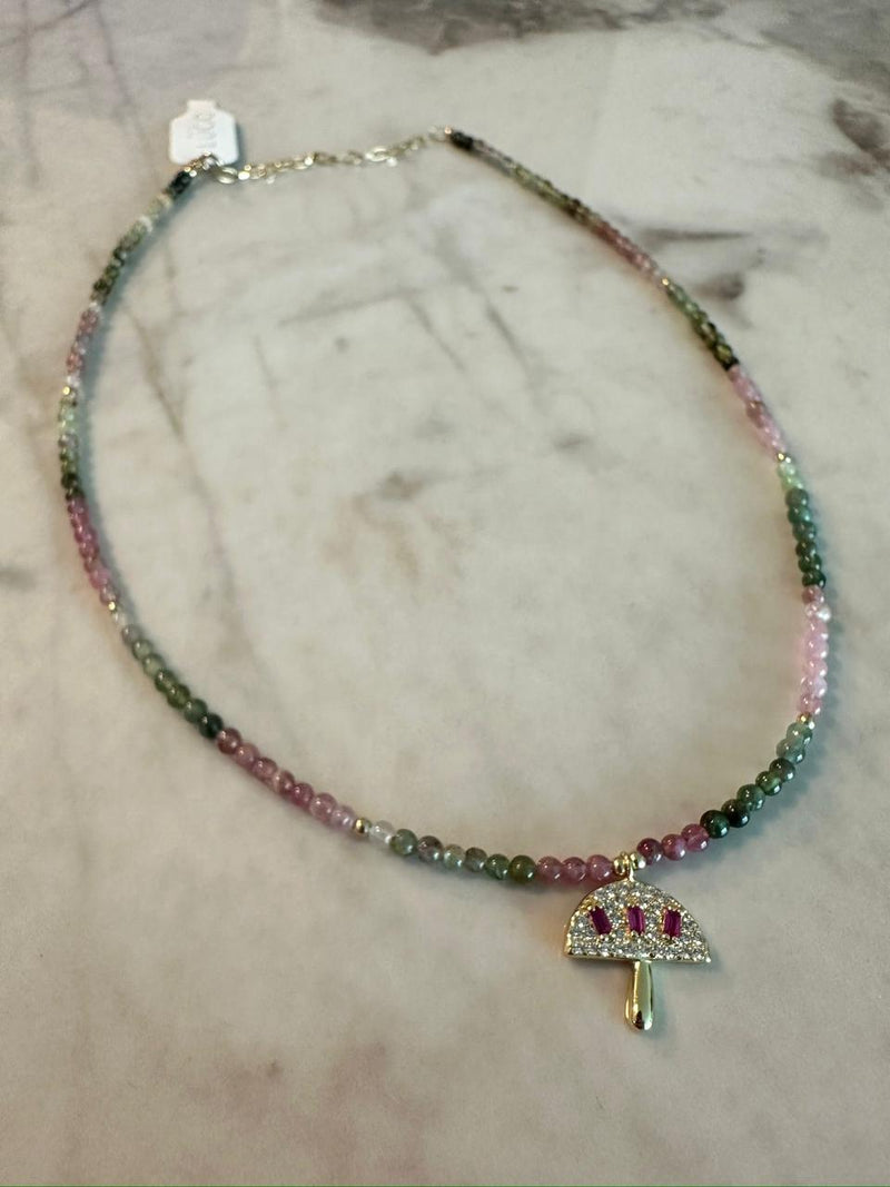 Choker Watermelon Tourmaline con Honguito de plata y zirconias