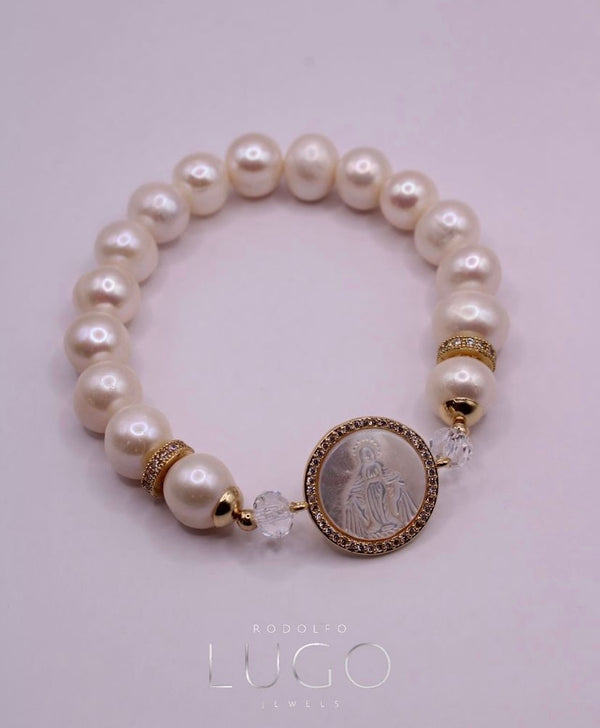 Pulsera Medalla Virgen Perlas Medianas